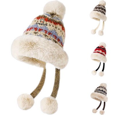 Knitted Earflap Hat with Pompom
